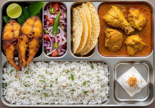 Traditional indian thali with fish fry rice roti and chicken curry
