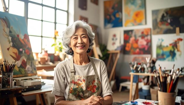 An elderly woman in an art studio smiles, surrounded by paintings and art supplies