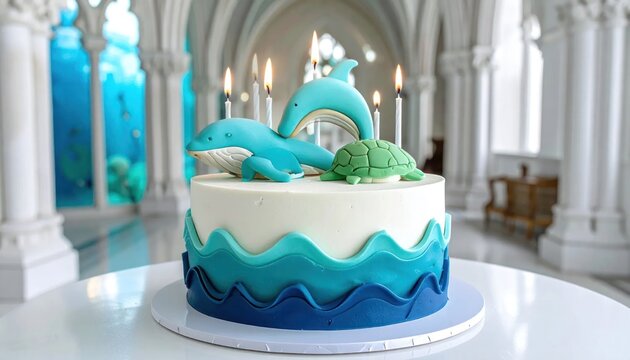 A birthday cake featuring ocean creatures, with lit candles, set against an ornate background