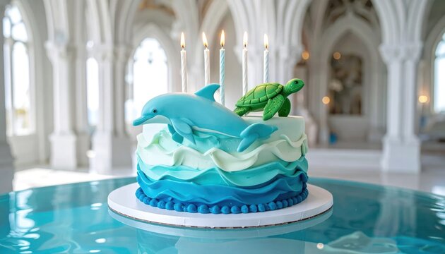 Aquatic-themed birthday cake with dolphin, sea turtle, candles, on table, castle background