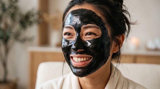 Realistic photograph of a smiling Asian woman with a black charcoal detox face mask during a home spa beauty routine.