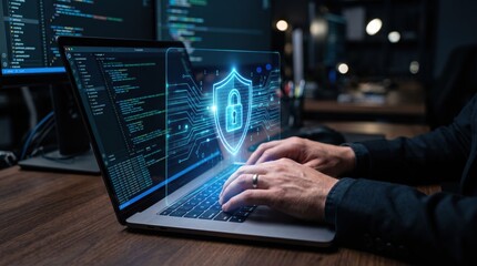 Fototapeta premium Cyber security showing a programmer working on a laptop with a holographic shield icon, protecting data from hackers, coding software development and information safety in a dark