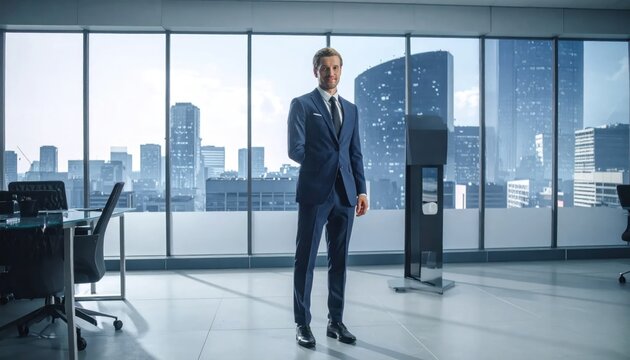 Well-dressed professional in modern office, city skyline view