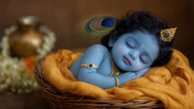 Sleeping baby boy dressed as Lord Krishna in a basket. Traditional Janmashtami celebration concept with peacock feather and gold jewelry. Cute newborn child during Hindu religious festival.