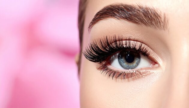 Close-up of a woman's eye with long, dark eyelashes and defined eyebrows against pink