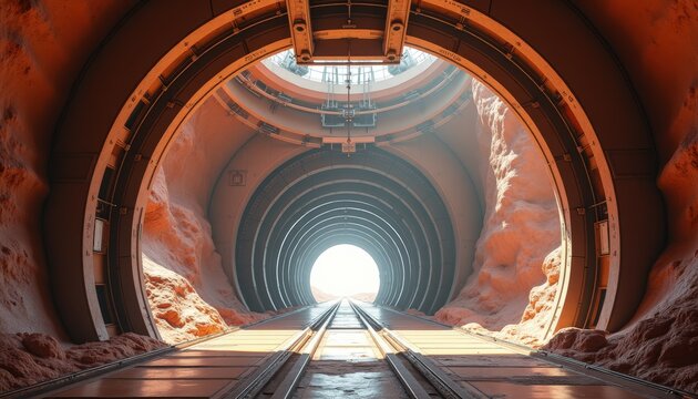 Futuristic circular underground transport tunnel with metallic structures, train tracks leading to bright exit, scifi