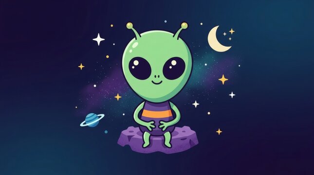 alien character standing in space surrounded by stars and planets