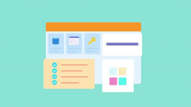 Flat vector animated design workflow dashboard featuring documents, image assets, editing tools, color palette, and task management interface. Ideal for creative, productivity, and business motion gra