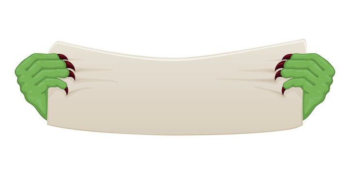 A monster hand with green skin and sharp claws holds a blank banner. This design is suitable for Halloween celebrations or themed events.