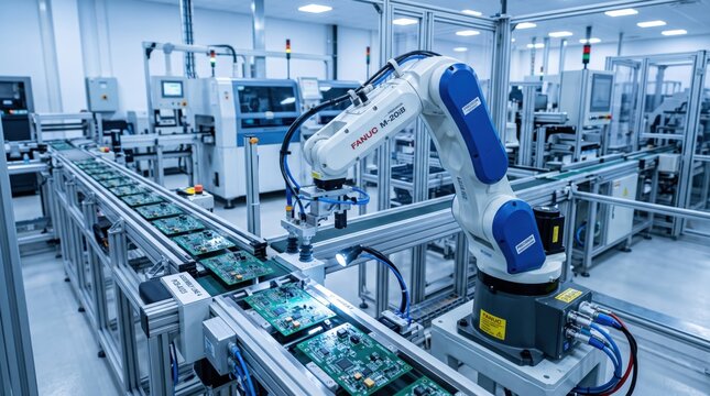 Industrial robotic arm assembling circuit boards on automated production line in smart factory, manufacturing technology concept