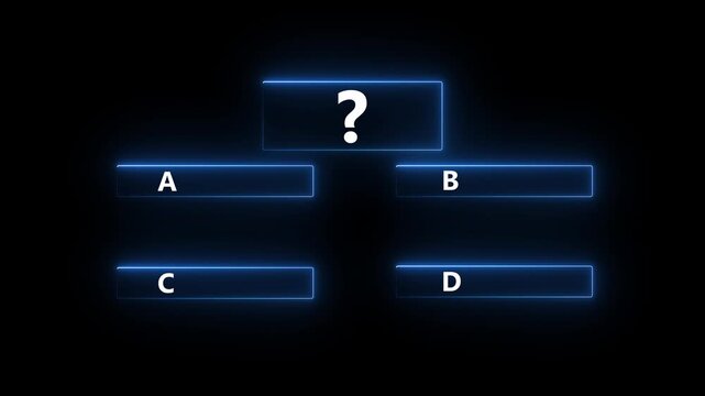 Neon glowing quiz template animation with question mark and multiple choice options A B C D on black background, interactive presentation and educational game, 4K