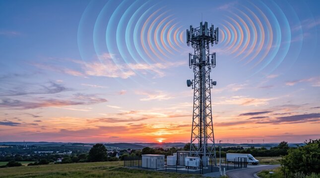 Telecommunication tower with 5G signal waves at sunset, mobile network connectivity and wireless communication infrastructure concept