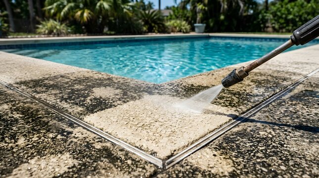 Water jet from pressure washer tool cleaning dirty swimming pool tile deck surface near blue water in residential backyard.