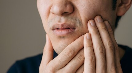 Fototapeta premium 歯痛や顎関節症に悩みほおを押さえて苦悶の表情を浮かべる男性