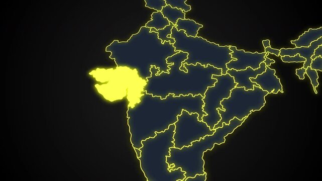 Animated glowing map of Gujarat, India, with a highlighted outline on a dark background, ideal for geography, travel, news, and infographic projects.