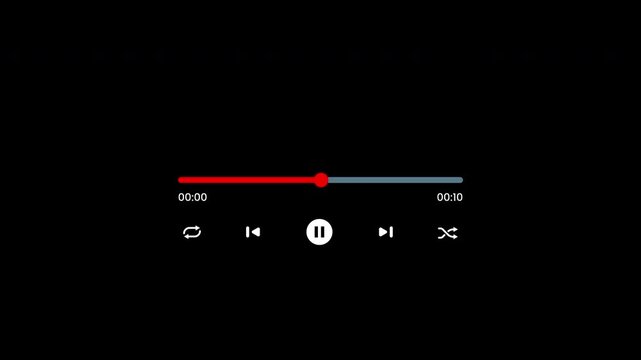 Music player UI interface with progress bar and playback controls icons, featuring a sleek and minimal design, suitable for website templates.