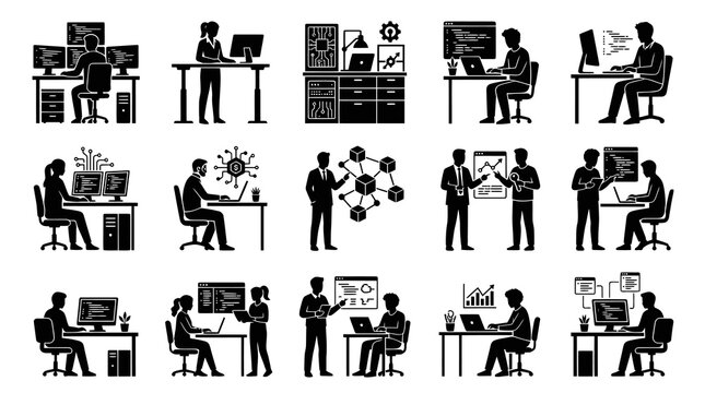 Technology and IT Programming Glyph Icons Set. Software Development, Coders, Developers, Data Science.