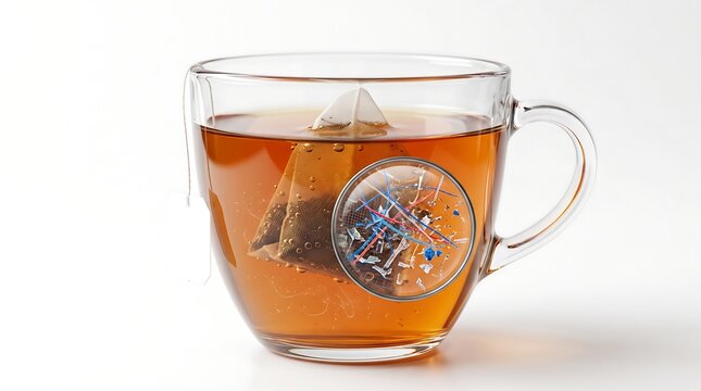 Magnifying glass examining synthetic microplastic fibers released from tea bag inside cup of hot water showing beverage contamination