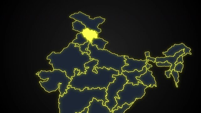 Animated glowing map of Himachal Pradesh, India, with a highlighted outline on a dark background, ideal for geography, travel, news, and infographic projects.