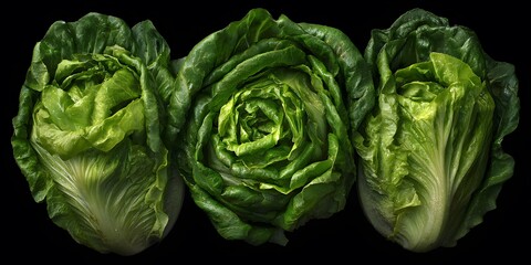 Obraz premium Three fresh heads of green lettuce displayed against a black background