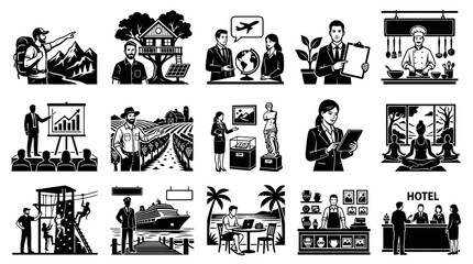 Fototapeta premium Monochrome Glyph Icon Set: Diverse Professions, Lifestyles, and Human Activities Vector Collection