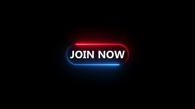 Neon Join Now button icon animation with glowing red and blue light effects on black background, digital marketing and user interface concept, 4K 