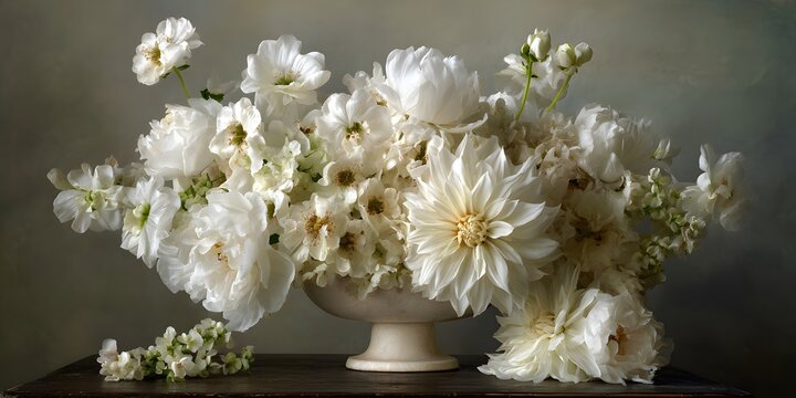 An elegant arrangement of white flowers including peonies and dahlias rests in a classic ceramic vase.