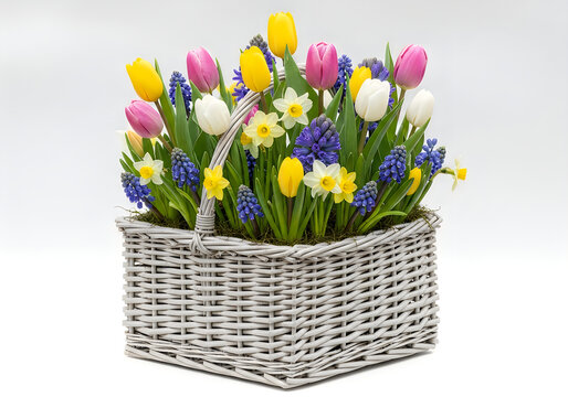 Spring flower basket arrangement with tulips daffodils and hyacinths