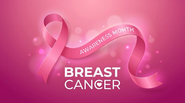 Breast cancer awareness background featuring a realistic pink ribbon symbol on a soft glowing elegant gradient pink backdrop