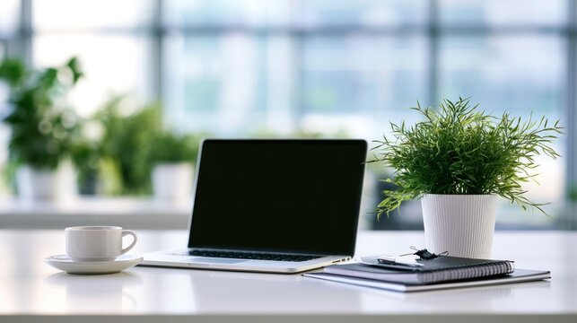 A laptop with a blank screen, a green plant in a white pot, a white cup with a saucer, and a stack of white notebooks on a white desk in front of a large window with a blurred background.