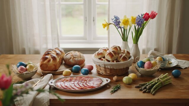 Traditional easter brunch table with ham, hot cross buns, and colorful eggs