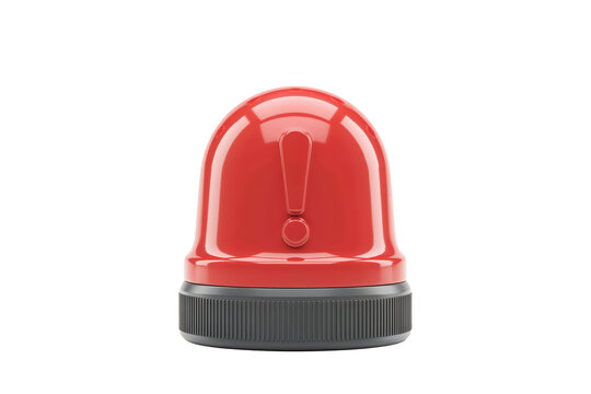 A3d rendered red emergency siren light with an exclamation mark symbol and a dark grey ribbed base isolated on a solid black background