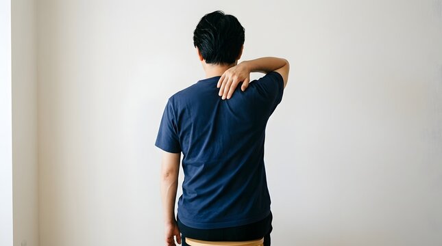 肩こりや首の痛みを気にする男性の後ろ姿