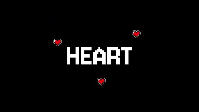 Animation pixel heart label with red pixel symbols on black background suitable for graphic design projects, valentines day designs.