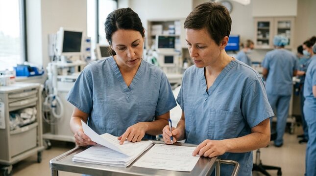 Two clinicians verifying informed consent documentation before a procedure