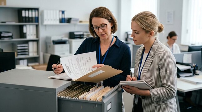 Two auditors reviewing signed informed consent forms in a compliance office filing cabinet