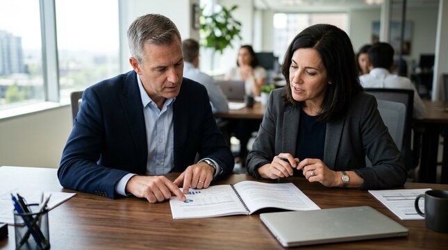 Two managers reviewing a printed emergency response drill after-action report