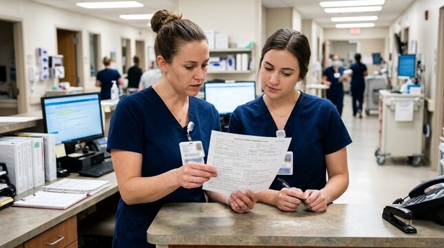 Two nurses reviewing a printed post-fall huddle compliance form at a nursing station