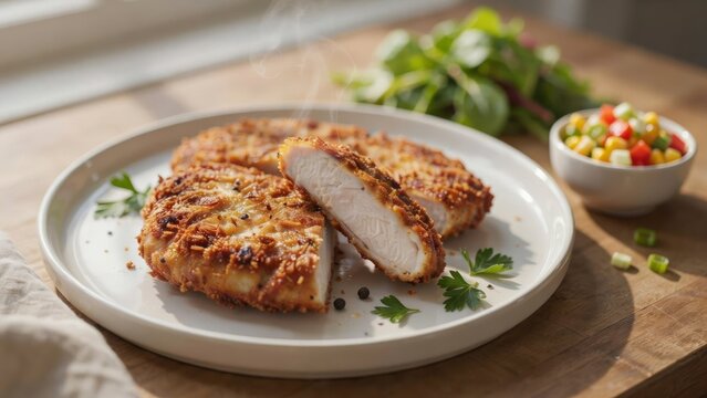Crispy breaded chicken cutlet served on a plate with fresh greens and salsa