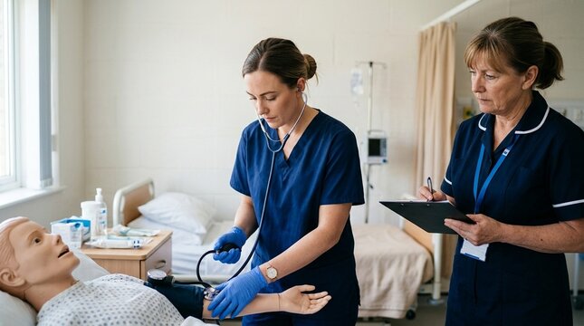 Staff competency assessment sign-off with a supervisor observing a nurse perform a skills demonstration