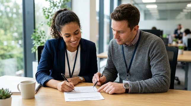 Two staff completing a printed onboarding compliance checklist during orientation