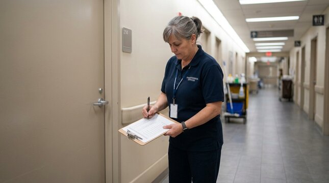 Environmental services supervisor inspecting a cleaning checklist clipboard outside a patient room