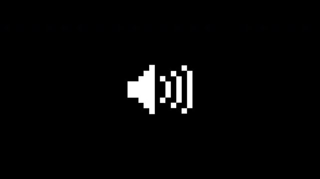 Animation volume slider control. Suitable for music apps, sound systems, websites. White pixelated speaker icon on black background, representing audio volume digitally.