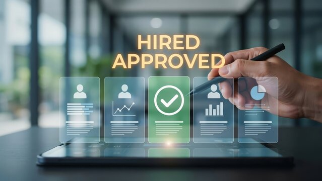 Human resources manager approving a job candidate on a digital tablet screen