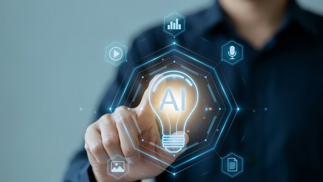 Person touching a digital light bulb icon representing artificial intelligence