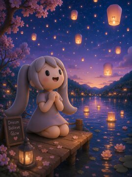 Cute 3D Clay Girl Watching Floating Lanterns Over a Peaceful Lake at Night