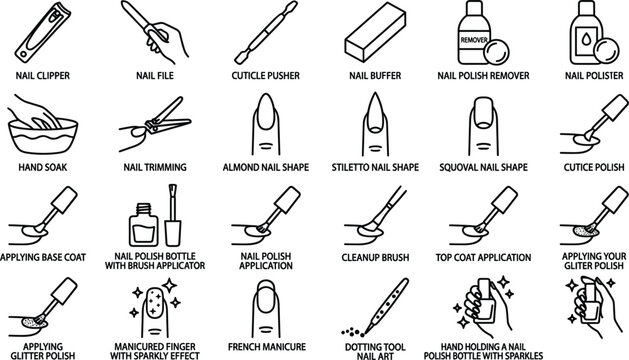 Manicure and nail care procedure line icon set featuring salon tools treatment steps shapes and text labels