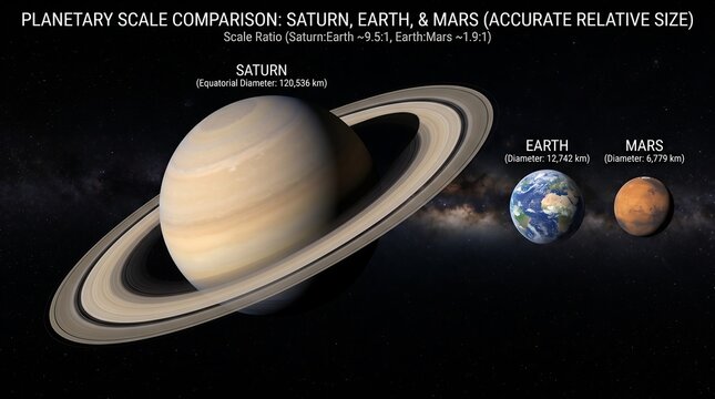 Digital illustration of saturn with rings beside earth and mars set against a deep space starry background astronomy universe astrophysics exploration celestial astronomer illustration