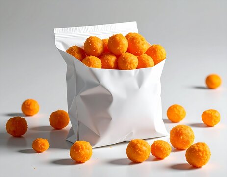 White paper bag pouch with cheese ball snacks spilling out on clean studio surface