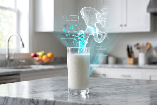 Glass of milk with 3D hologram of human pelvis. Calcium bone health visualization concept.